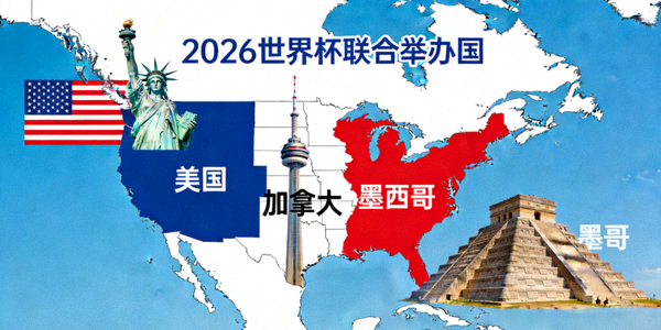 2026世界杯联合举办国美国、加拿大、墨西哥地图与标志性建筑合成图